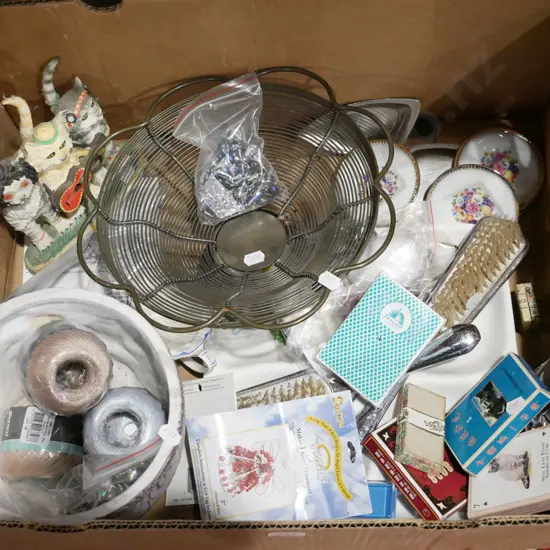 box; planter, wire fruit bowl, threads etc