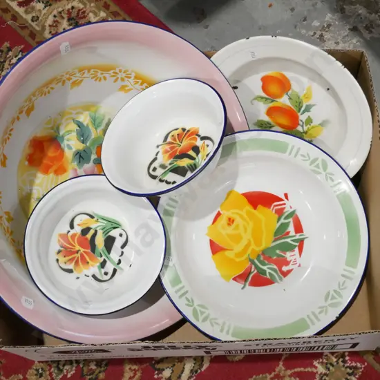 box; enamel floral bowls