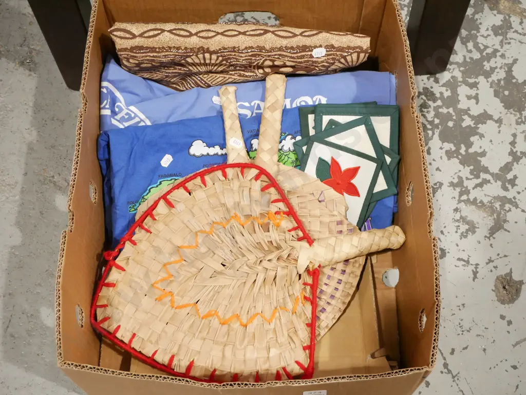 box; hand woven fans, fabric, t shirts etc Image 1++