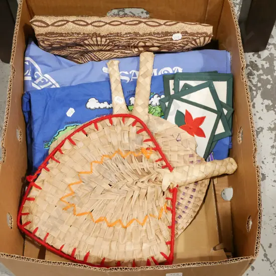 box; hand woven fans, fabric, t shirts etc