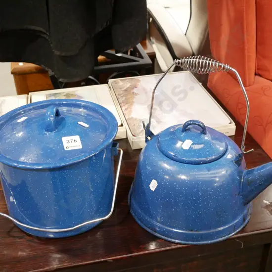 blue and white speckled enamel pot, kettle
