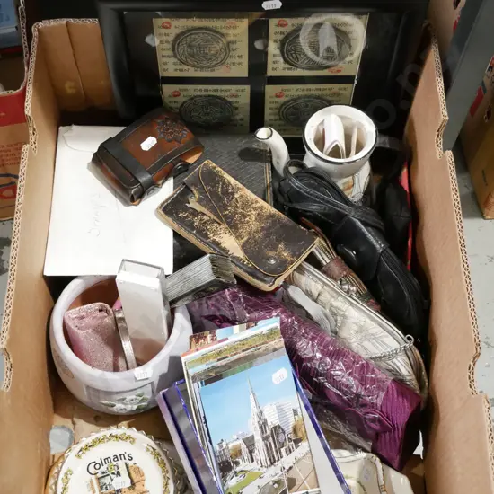 box; clutch purses, postcards, stamps etc