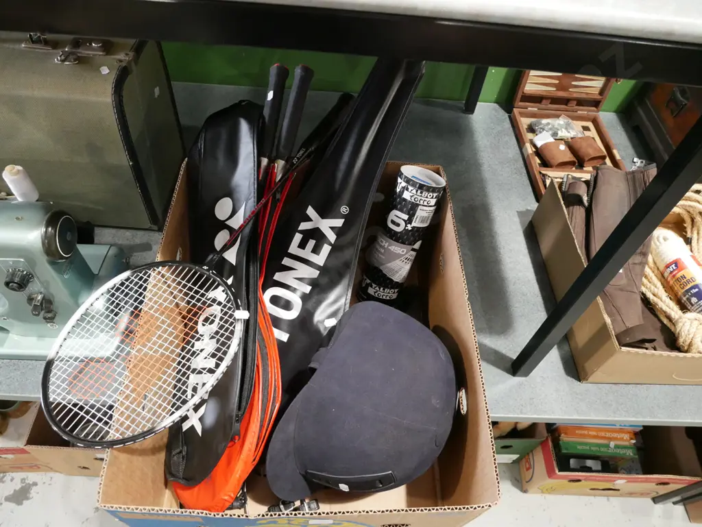 box; badminton rackets and shuttle cocks, equestrian helmet Image 1++
