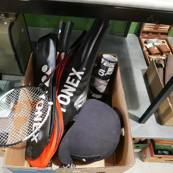 box; badminton rackets and shuttle cocks, equestrian helmet