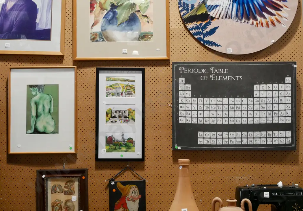 framed watercolour on fabric - nude, triptych Dunedin scenes, periodic table on boxed canvas - green dots Image 1++
