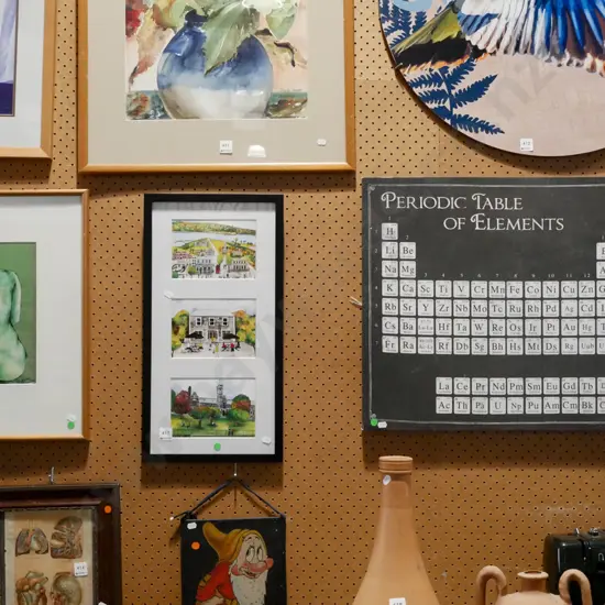 framed watercolour on fabric - nude, triptych Dunedin scenes, periodic table on boxed canvas - green dots
