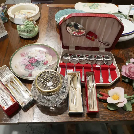 rose plate, cased cutlery, floral plate etc