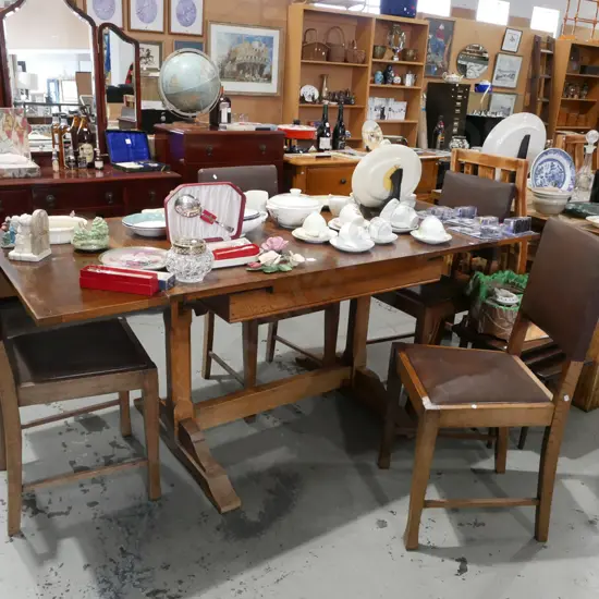 oak extending dining table with 4 vinyl chairs H760 W1830 D840