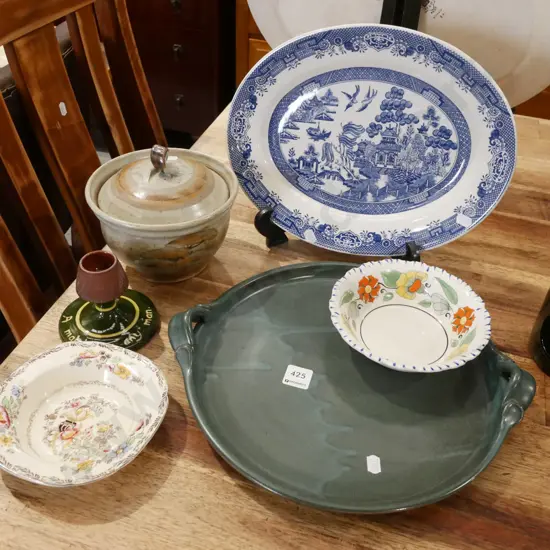 wilow pattern plate, bowls, Torquay ware etc