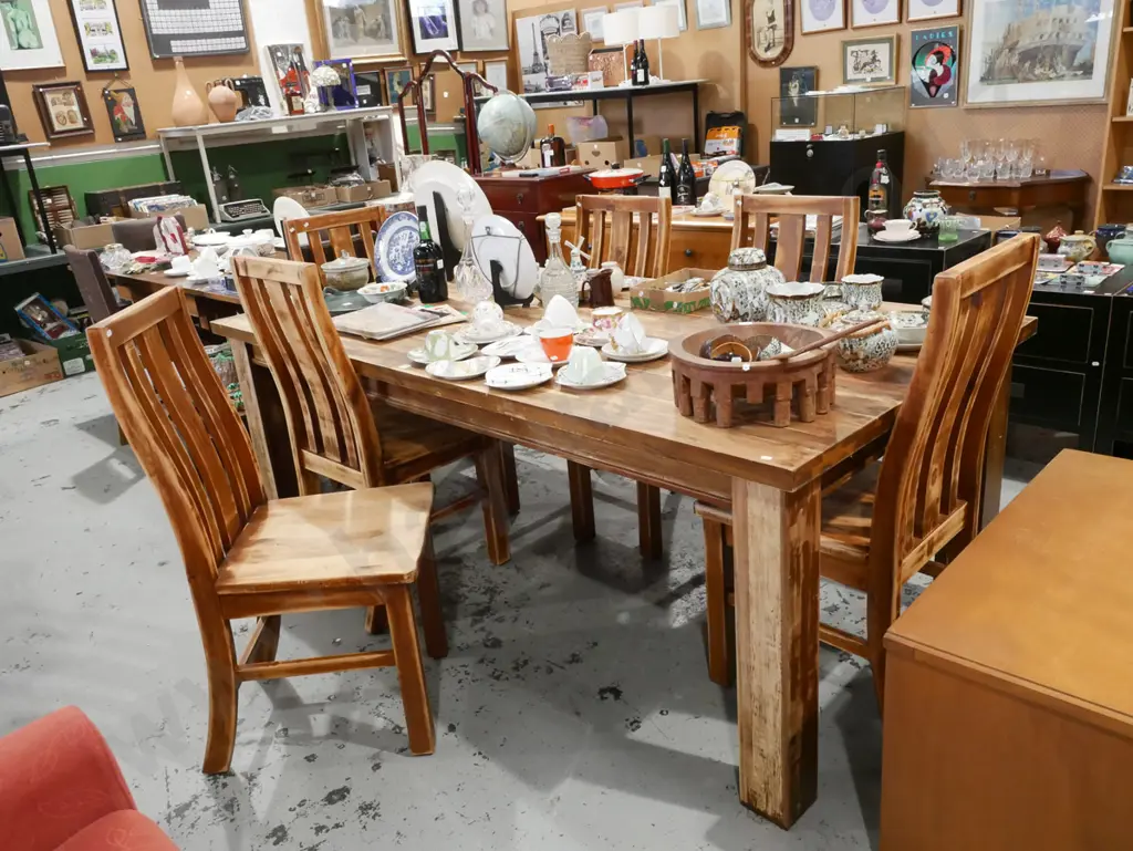 Indonesian hardwood dining table with 6 matching chairs - varnish partially sanded and distressed Image 1++