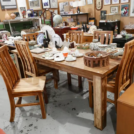 Indonesian hardwood dining table with 6 matching chairs - varnish partially sanded and distressed