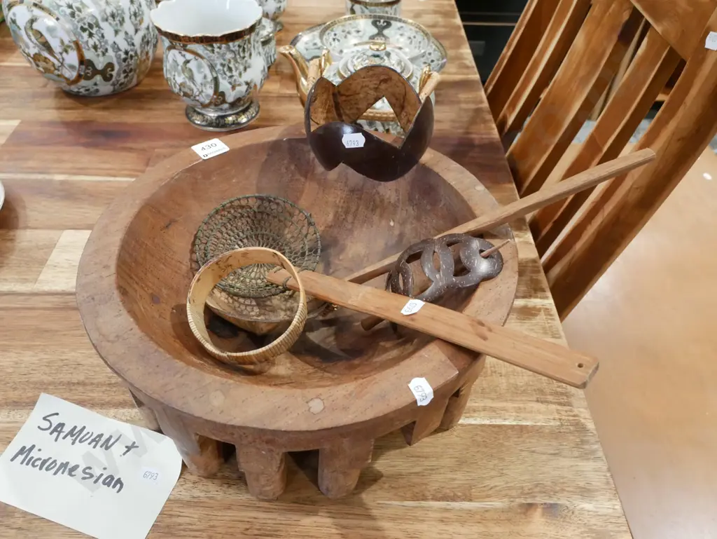 Samoan and Micronesian items; ladles, bangles, kava bowl Image 1++