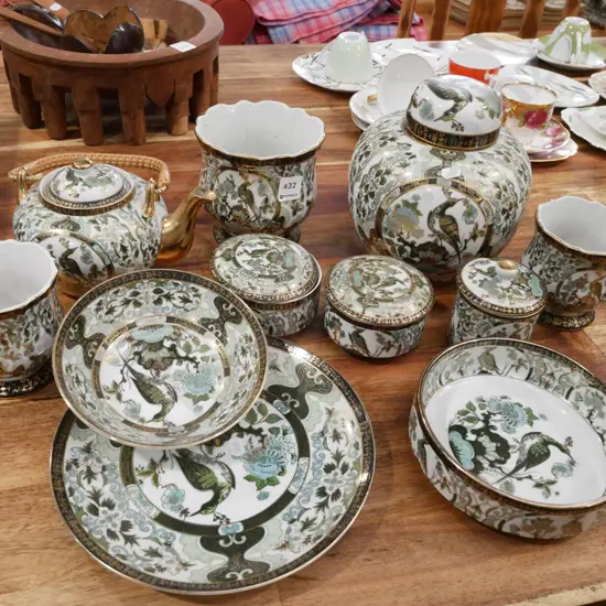 assorted Japanese vintage Saji decorativer items with exotic bird and green floral motifs