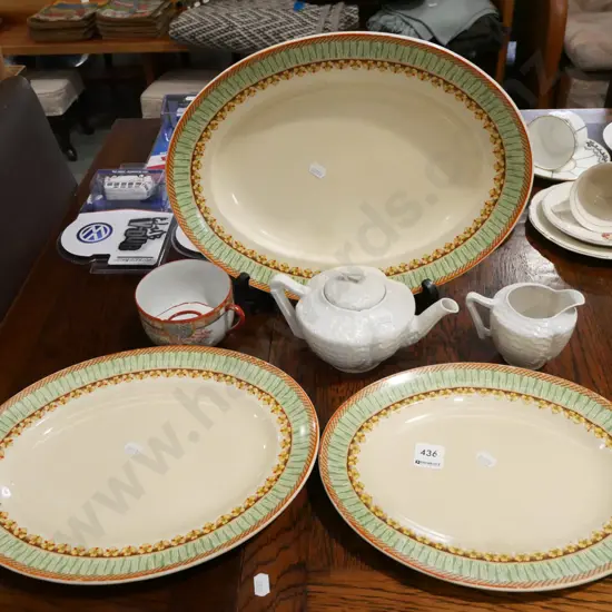 tea pot, creamer, moustache cup, 3x yellow floral ashets
