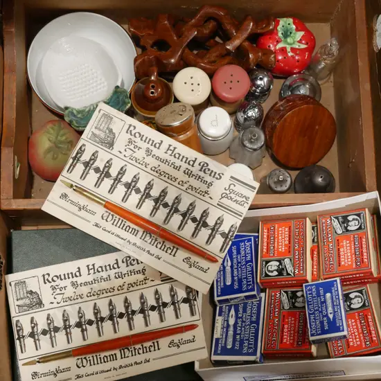 box; salt and peppers, backgammon set, pen nibs etc