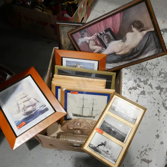 box; maritime photos, prints, souvenir  wooden mask etc