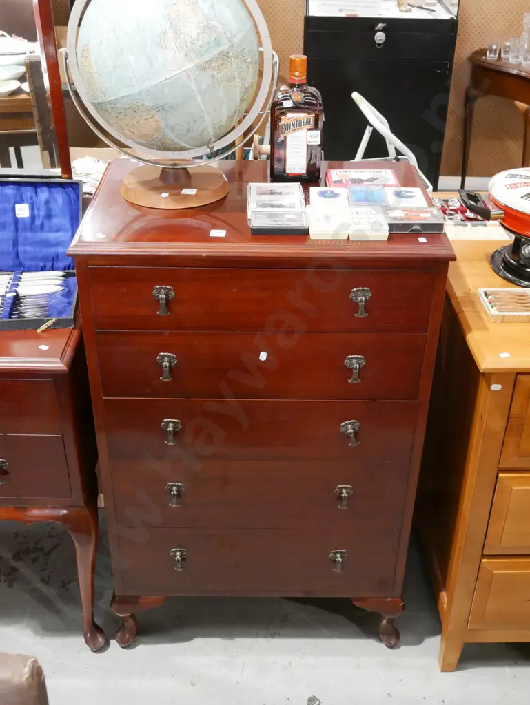 mahogany cab leg 5 drawer tall boy H1000 W625 D420 Image 1++