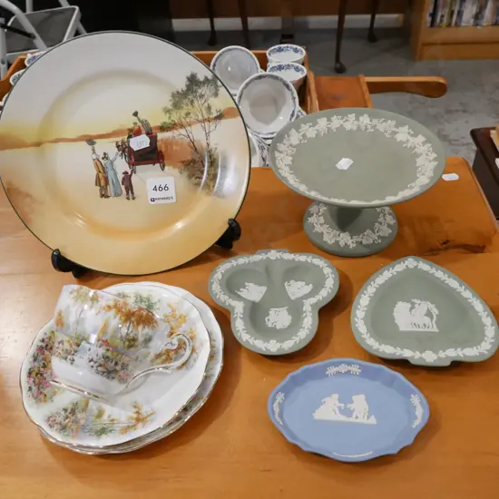 coaching days plate, jasper ware items, trio