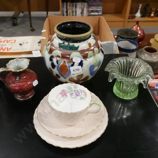 green glass vase, trio, creamer etc