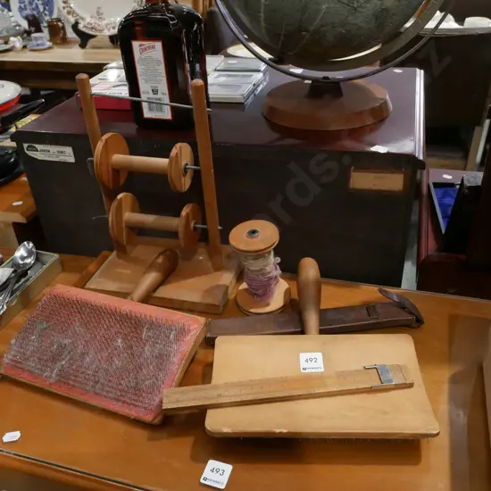 2x carding combs, bobbins, vintage slide rule