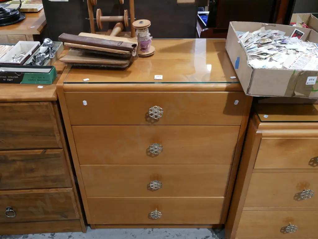rimu 4 drawer chest with protective glass top H800 W610 D380 Image 1++
