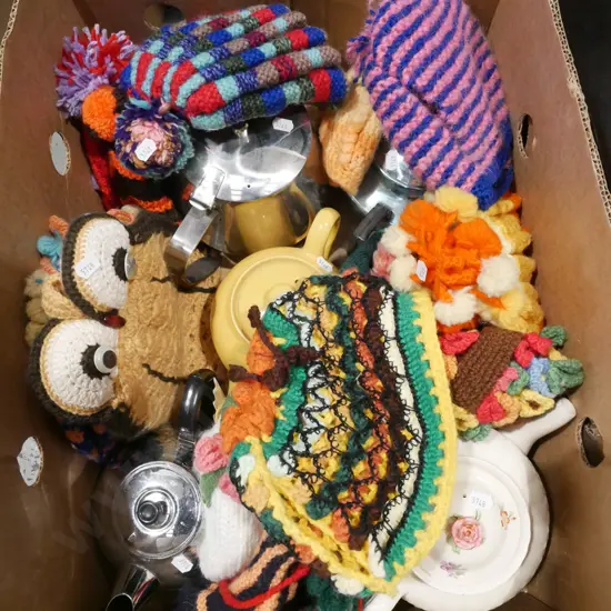 box; teapots, tea cosies