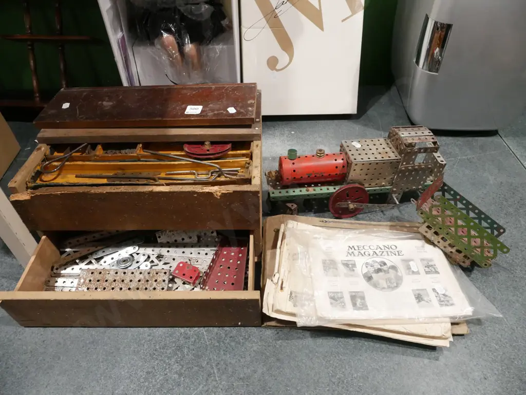 box of vintage Mecanno, model train and tender, instruction books Image 1++