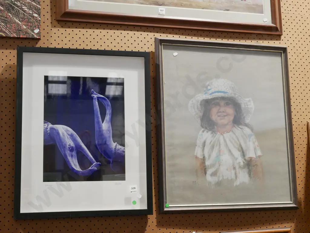 framed pastel -portrait, photo print - carved hands - green dots Image 1++