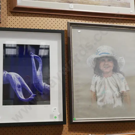 framed pastel -portrait, photo print - carved hands - green dots