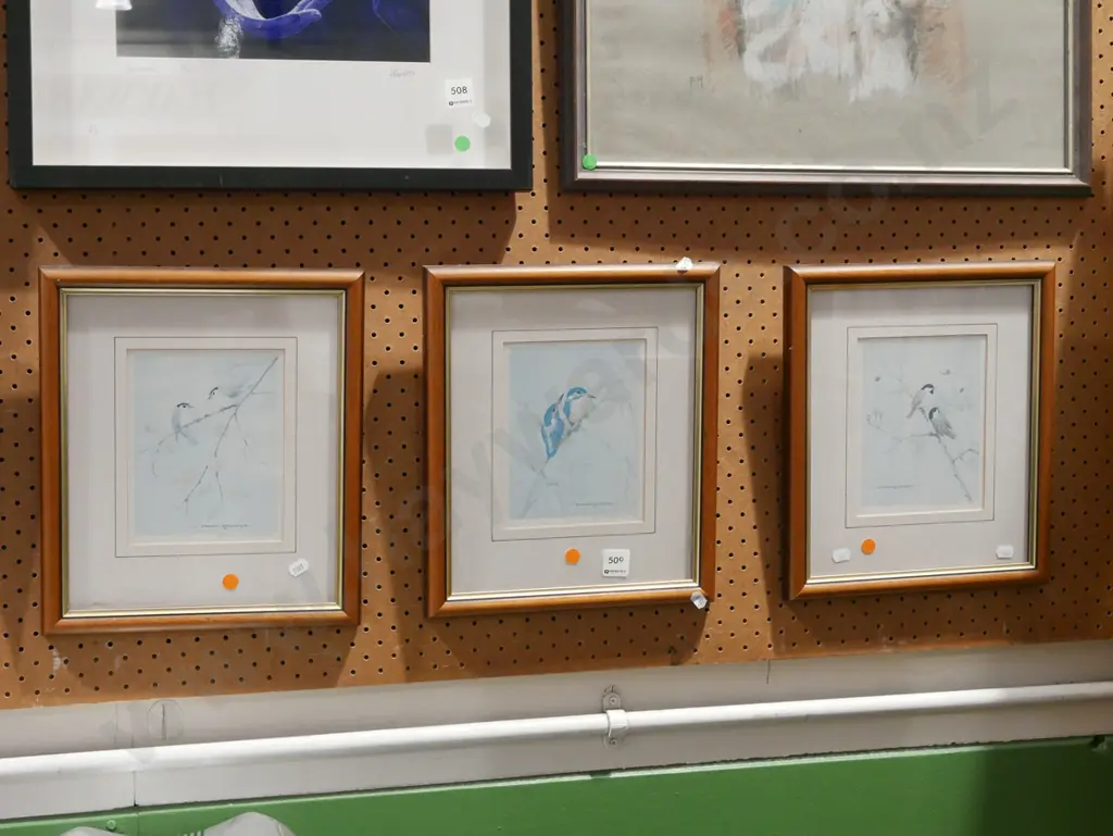 3x framed bird prints - orange dots Image 1++