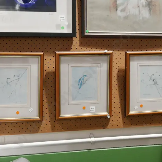 3x framed bird prints - orange dots
