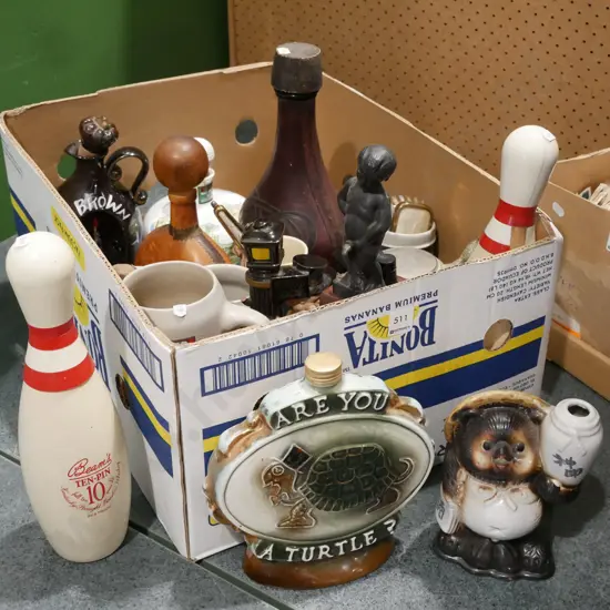 box; novelty decanters, clothes brush, beer steins etc