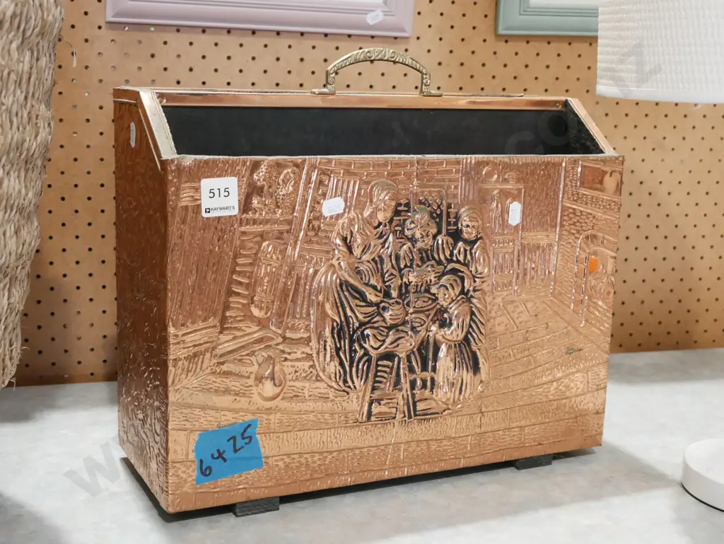 beaten copper and wood magazine rack Image 1++