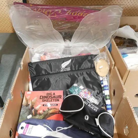 box; fairy wings, supporters bag, pencil case etc