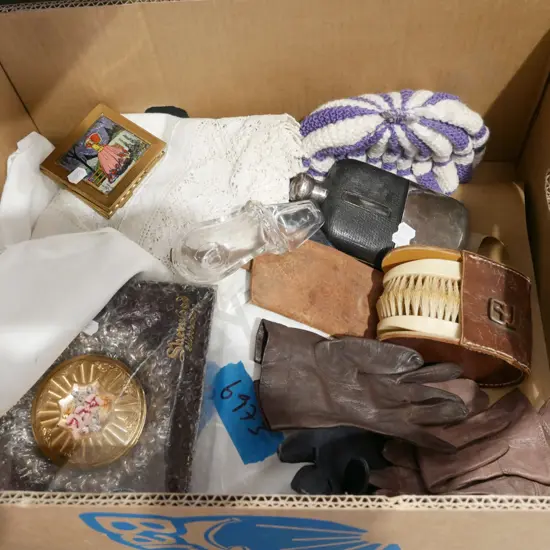 box; hip flask, gloves, linen etc