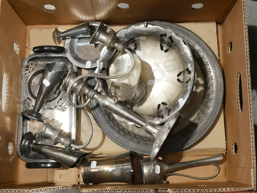 box; plated ware; candlesticks, sugar scuttle etc Image 1++