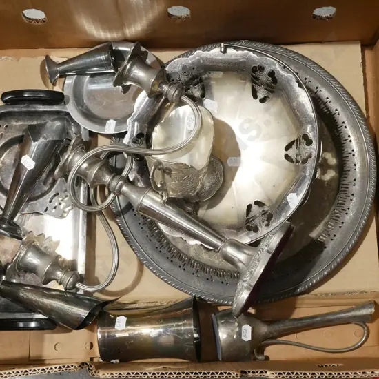 box; plated ware; candlesticks, sugar scuttle etc