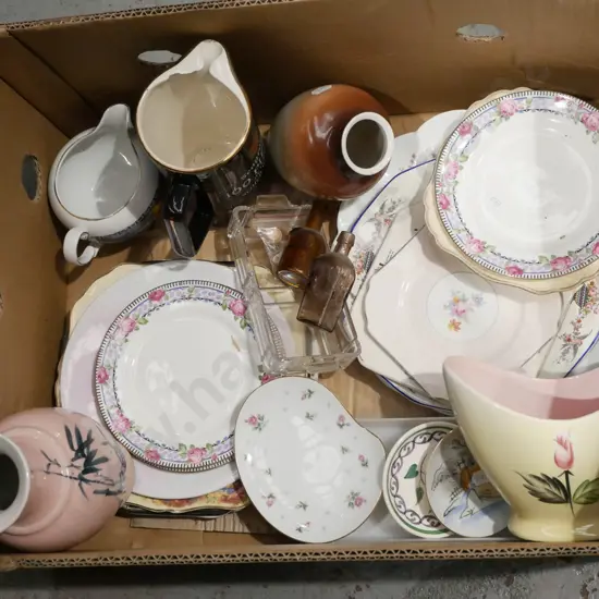 box; whisky jugs,vases, plates etc