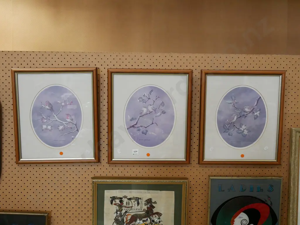 3x bird on branch prints - orange dots Image 1++