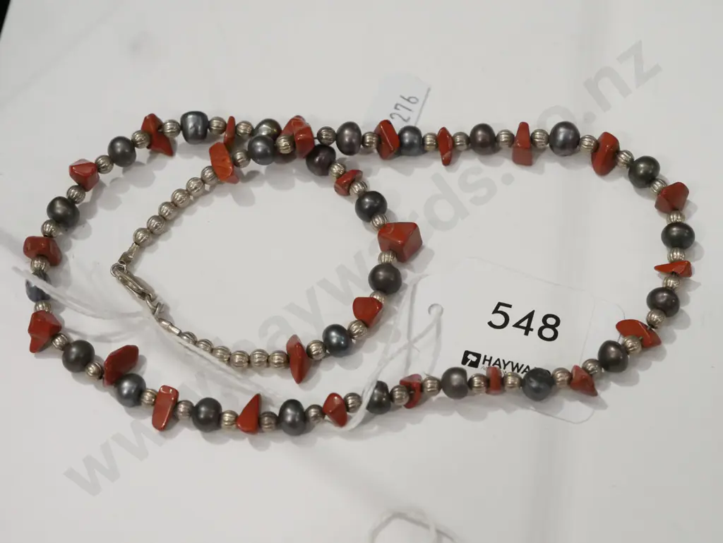 sterling silver beads, real pearl & coral necklace 26gms Image 1++