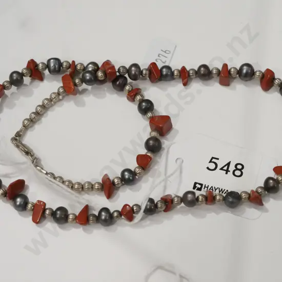 sterling silver beads, real pearl & coral necklace 26gms