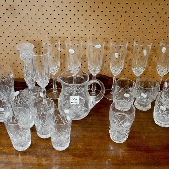 crystal water jug, glasses, candle sticks, champagne flutes etc