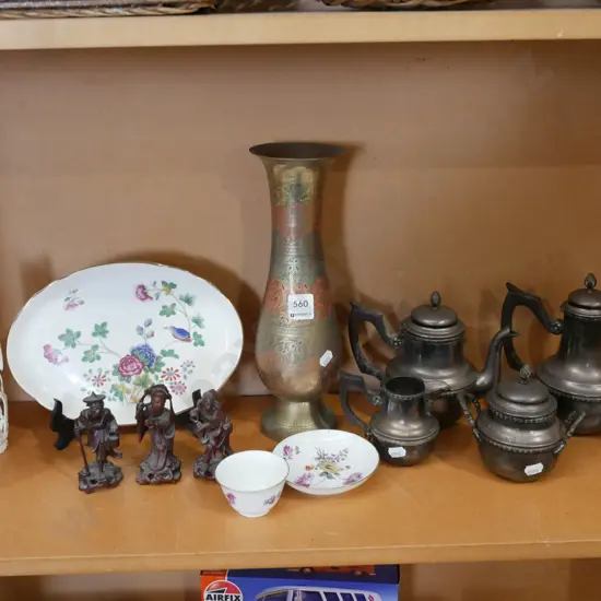 shelf; asian figurines, brass vase H300, small plated teapots etc