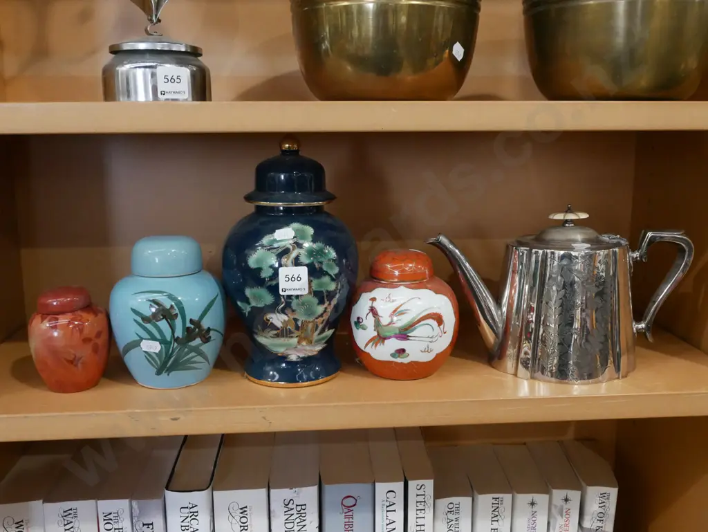 shelf; ginger jars, lidded urn & plated teapot Image 1++