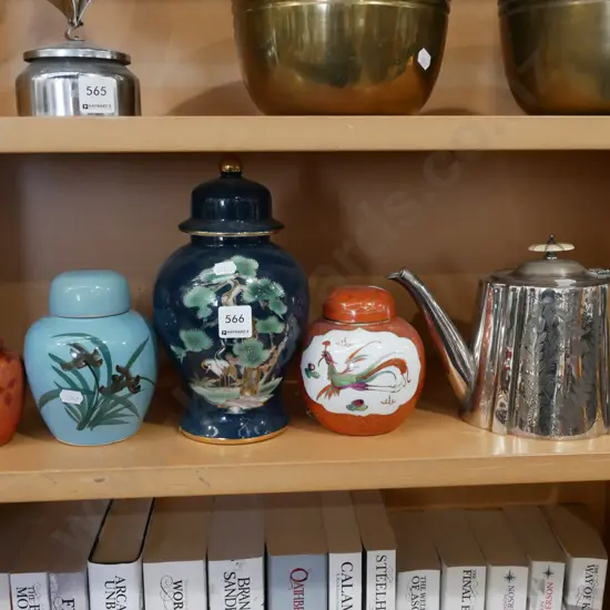 shelf; ginger jars, lidded urn & plated teapot