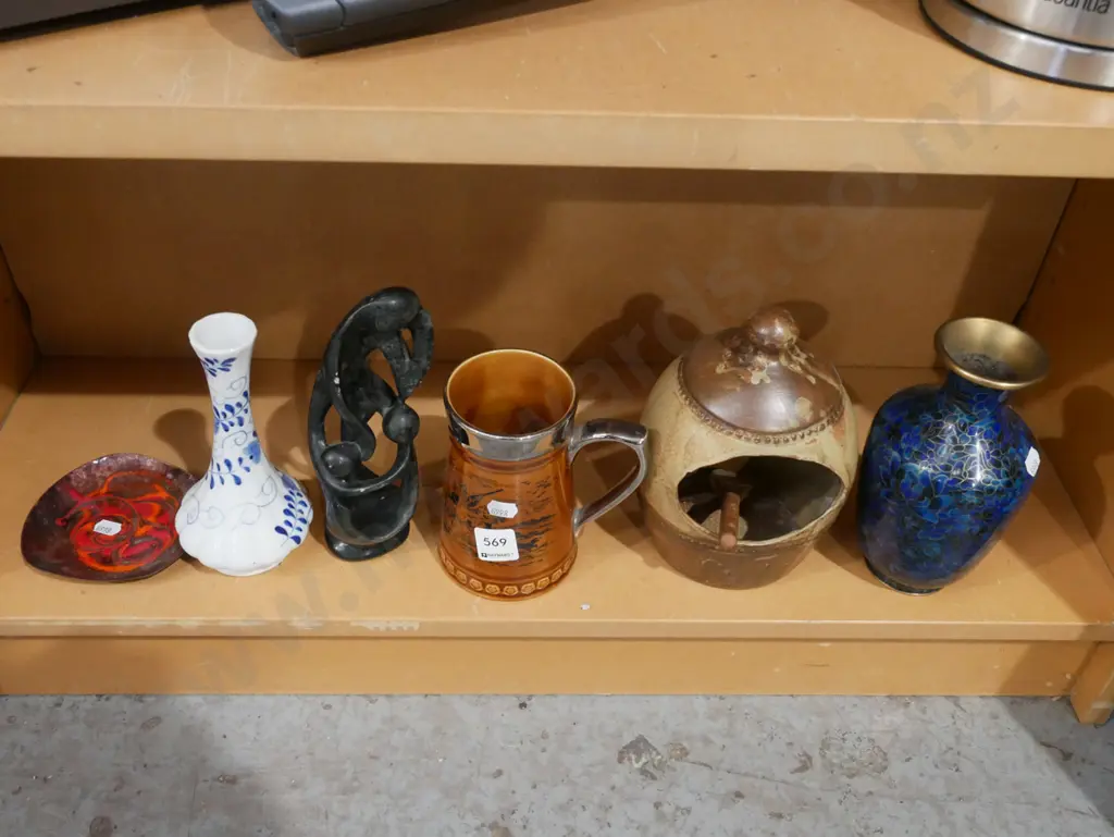 shelf; salt pig, clisonnie style vase, figurine etc Image 1++