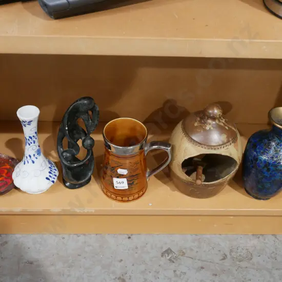 shelf; salt pig, clisonnie style vase, figurine etc