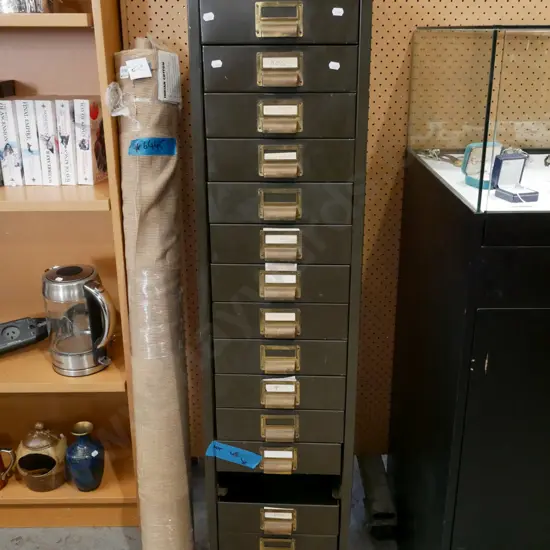 metal 14 drawer A4 filing cabinet (missing 1 drawer)