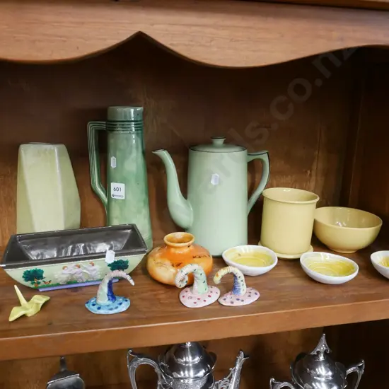 shelf; teapot, ewer vase, bowls etc