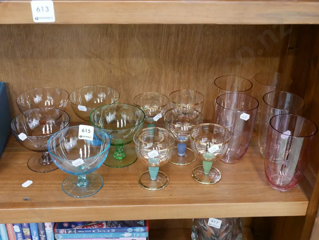 shelf; coloured etched tumblers, comports, gold rimmed wine glassses Image 1++